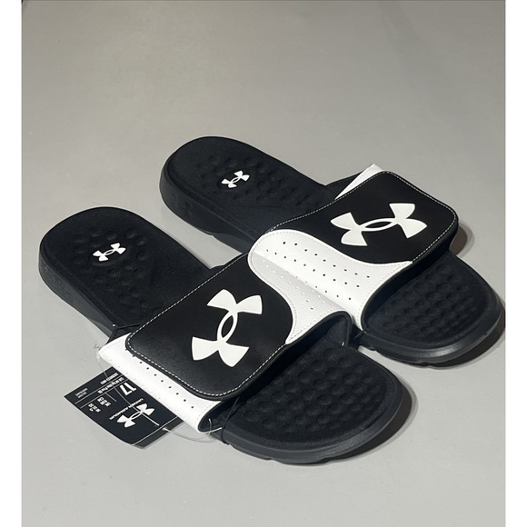 Under Armour Ignite Pro Slides Mens 17 Black White Slip On Flip Flop Sandals - Picture 1 of 9